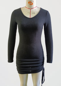 Stylish Slim Fit Grey V Neck Cinched Knit Dress Fall