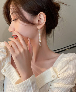 Stylish White Sterling Silver Alloy Pearl Tassel Drop Earrings