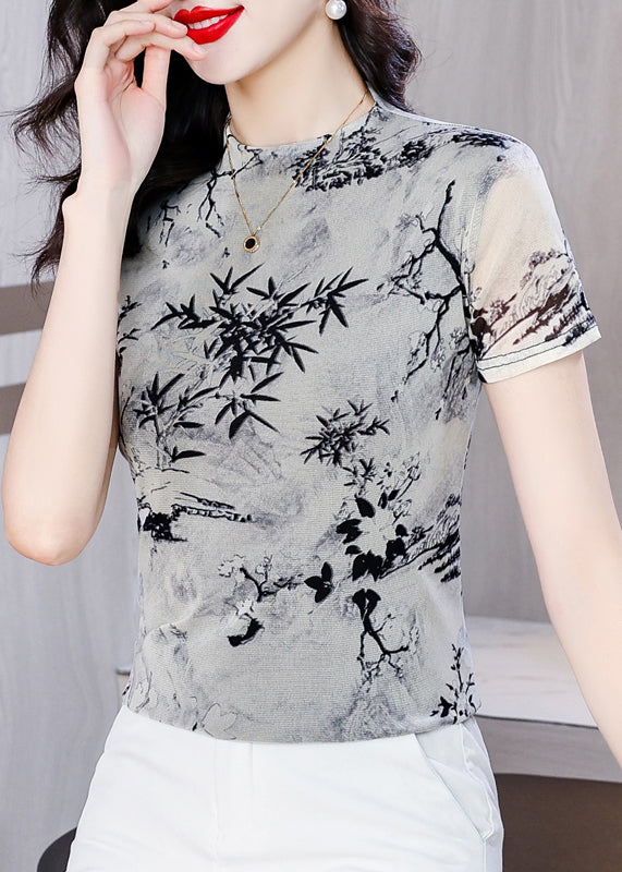 Summer New Half High Collar Print Tulle T Shirt Top