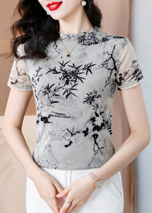 Summer New Half High Collar Print Tulle T Shirt Top