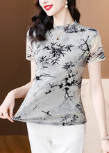 Load image into Gallery viewer, Summer New Half High Collar Print Tulle T Shirt Top