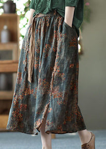 Tea Green Pockets Print Linen Skirts Wrinkled Tie Waist Summer