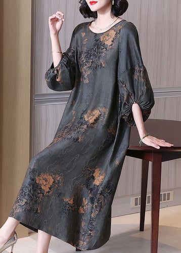 Top Quality Grey O Neck Print Silk Long Dresses Summer