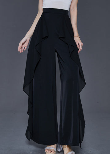 Unique Black Elastic Waist Ruffled Chiffon Wide Leg Pants Summer