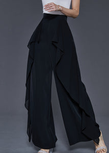 Unique Black Elastic Waist Ruffled Chiffon Wide Leg Pants Summer