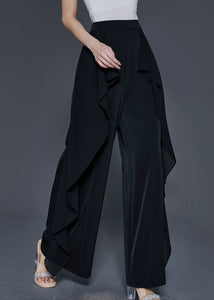 Unique Black Elastic Waist Ruffled Chiffon Wide Leg Pants Summer