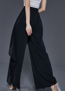 Unique Black Elastic Waist Ruffled Chiffon Wide Leg Pants Summer