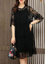 Load image into Gallery viewer, Unique Black O-Neck Embroidered Patchwork Tulle Dress Half Sleeve