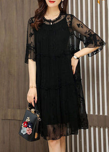 Unique Black O-Neck Embroidered Patchwork Tulle Dress Half Sleeve