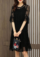 Load image into Gallery viewer, Unique Black O-Neck Embroidered Patchwork Tulle Dress Half Sleeve