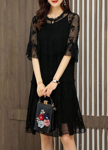 Unique Black O-Neck Embroidered Patchwork Tulle Dress Half Sleeve