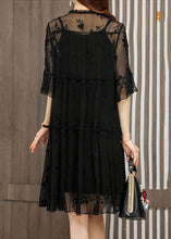 Load image into Gallery viewer, Unique Black O-Neck Embroidered Patchwork Tulle Dress Half Sleeve