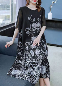 Unique Black V Neck Print Patchwork Chiffon Dress Summer