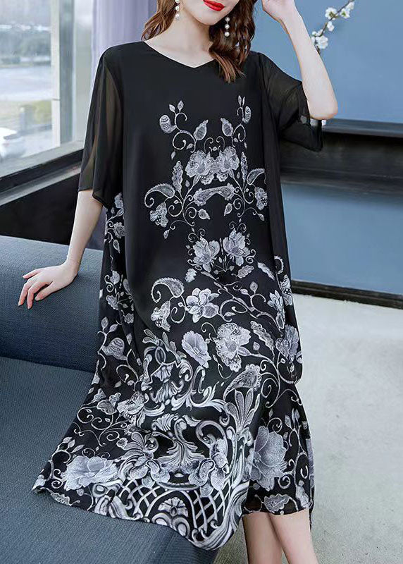 Unique Black V Neck Print Patchwork Chiffon Dress Summer