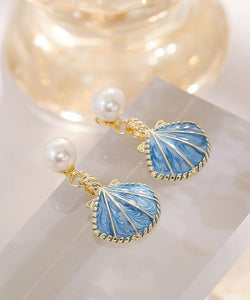 Unique Blue Metal Overgild Pearl Shell Drop Earrings