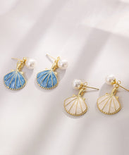 Load image into Gallery viewer, Unique Blue Metal Overgild Pearl Shell Drop Earrings