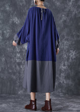 Load image into Gallery viewer, Unique Blue Oversized Patchwork Linen Dress Lantern Sleeve