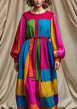 Load image into Gallery viewer, Unique Colorblock O Neck Tie Waist Patchwork Cotton Dress Long Sleeve