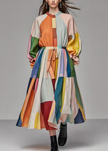 Load image into Gallery viewer, Unique Colorblock Stand Collar Drawstring Cotton Maxi Dress Long Sleeve