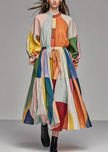 Load image into Gallery viewer, Unique Colorblock Stand Collar Drawstring Cotton Maxi Dress Long Sleeve