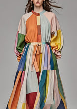 Load image into Gallery viewer, Unique Colorblock Stand Collar Drawstring Cotton Maxi Dress Long Sleeve