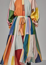 Load image into Gallery viewer, Unique Colorblock Stand Collar Drawstring Cotton Maxi Dress Long Sleeve