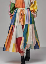 Load image into Gallery viewer, Unique Colorblock Stand Collar Drawstring Cotton Maxi Dress Long Sleeve