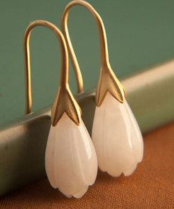 Unique Gold Sterling Silver Inlaid White Jade Drop Earrings