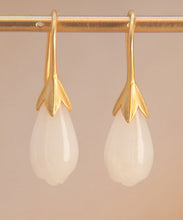 Load image into Gallery viewer, Unique Gold Sterling Silver Inlaid White Jade Drop Earrings