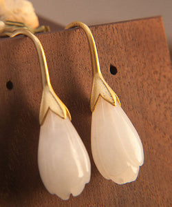 Unique Gold Sterling Silver Inlaid White Jade Drop Earrings