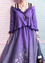 Load image into Gallery viewer, Unique Gradient Purple Cold Shoulder Print Silk Dress Summer