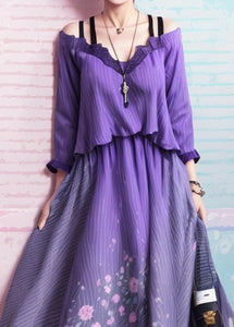 Unique Gradient Purple Cold Shoulder Print Silk Dress Summer