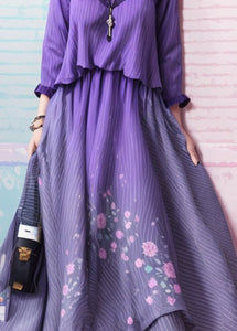 Unique Gradient Purple Cold Shoulder Print Silk Dress Summer