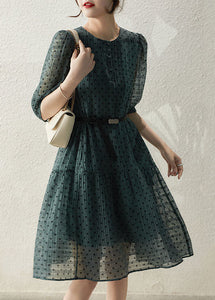 Unique Green O Neck Patchwork Dot Chiffon Mid Dresses Summer