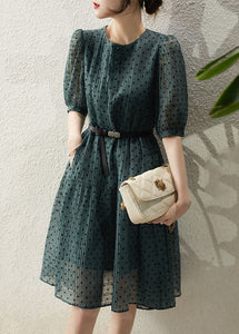 Unique Green O Neck Patchwork Dot Chiffon Mid Dresses Summer