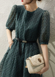 Unique Green O Neck Patchwork Dot Chiffon Mid Dresses Summer