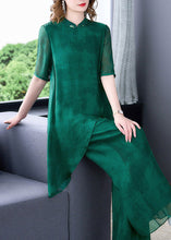 Load image into Gallery viewer, Unique Green Stand Collar Asymmetrical Silk Top And Wide Leg Pants Two Pieces Set Summer