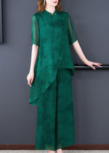 Load image into Gallery viewer, Unique Green Stand Collar Asymmetrical Silk Top And Wide Leg Pants Two Pieces Set Summer