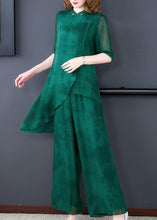 Load image into Gallery viewer, Unique Green Stand Collar Asymmetrical Silk Top And Wide Leg Pants Two Pieces Set Summer