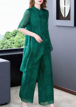 Load image into Gallery viewer, Unique Green Stand Collar Asymmetrical Silk Top And Wide Leg Pants Two Pieces Set Summer