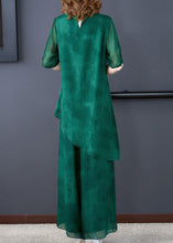 Load image into Gallery viewer, Unique Green Stand Collar Asymmetrical Silk Top And Wide Leg Pants Two Pieces Set Summer