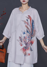 Load image into Gallery viewer, Unique Grey Asymmetrical Phoenix Print Linen Shirts Bracelet Sleeve