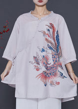 Load image into Gallery viewer, Unique Grey Asymmetrical Phoenix Print Linen Shirts Bracelet Sleeve