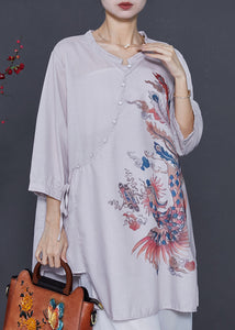 Unique Grey Asymmetrical Phoenix Print Linen Shirts Bracelet Sleeve