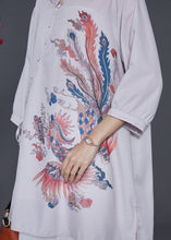 Load image into Gallery viewer, Unique Grey Asymmetrical Phoenix Print Linen Shirts Bracelet Sleeve