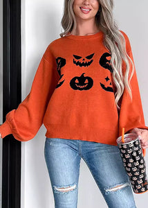 Unique Orange O-Neck Print Cotton Knit Sweaters Fall