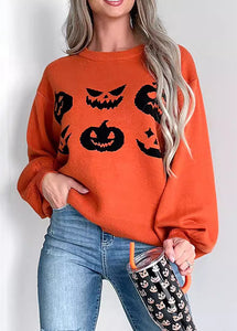 Unique Orange O-Neck Print Cotton Knit Sweaters Fall