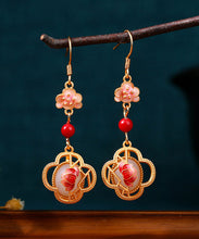 Load image into Gallery viewer, Unique Pink Copper Overgild Jade Enamel Lotus Floral Drop Earrings