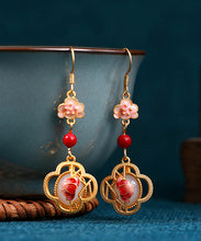 Load image into Gallery viewer, Unique Pink Copper Overgild Jade Enamel Lotus Floral Drop Earrings