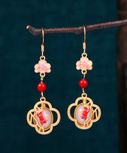 Load image into Gallery viewer, Unique Pink Copper Overgild Jade Enamel Lotus Floral Drop Earrings